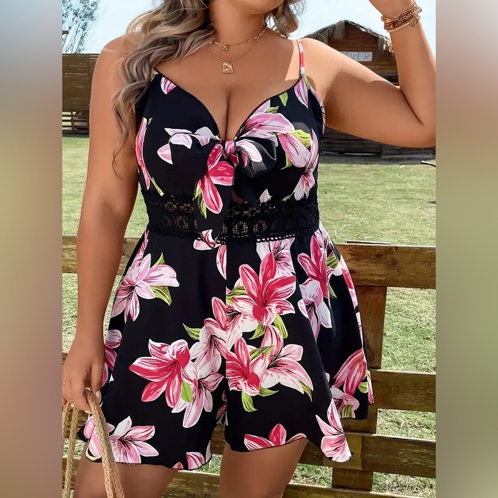 Black Floral Tie-Front Romper with Lace Waist